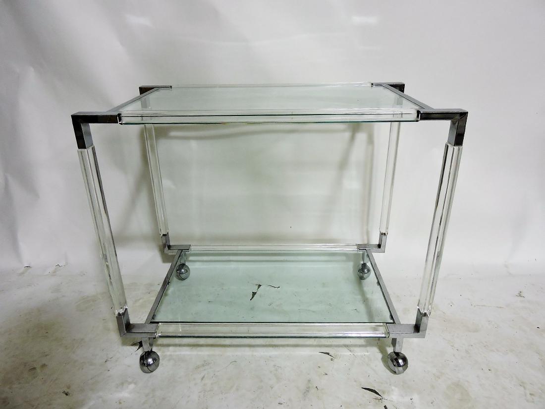Mid Century Modern lucite and chrome: serving cart with glass shelves, 34"w, 20"d, 30"h