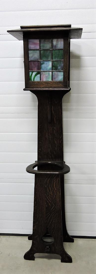 Shop of the Crafters Mission Oak: umbrella stand/floor lamp with lead glass top, original finish, 72"h, 18 1/2"w, 13"d