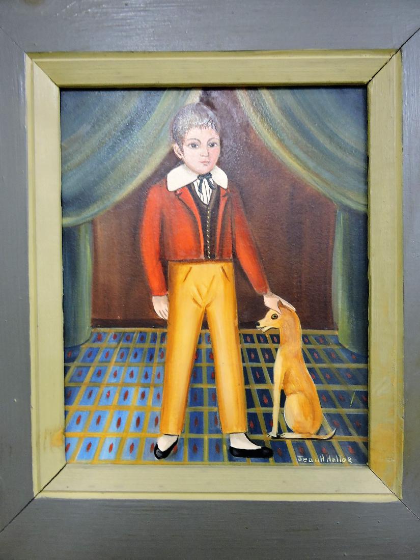 Jean H. Halter (Bucks County,: Pennsylvania 1916-1981) oil on board painting of boy with dog, 10" x 8"