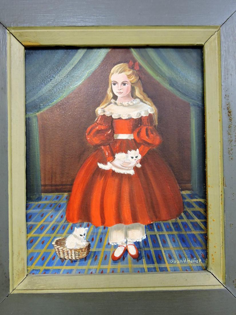 Jean H. Halter (Bucks County,: Pennsylvania 1916-1981) oil on board painting of girl with kittens, 10" x 8"