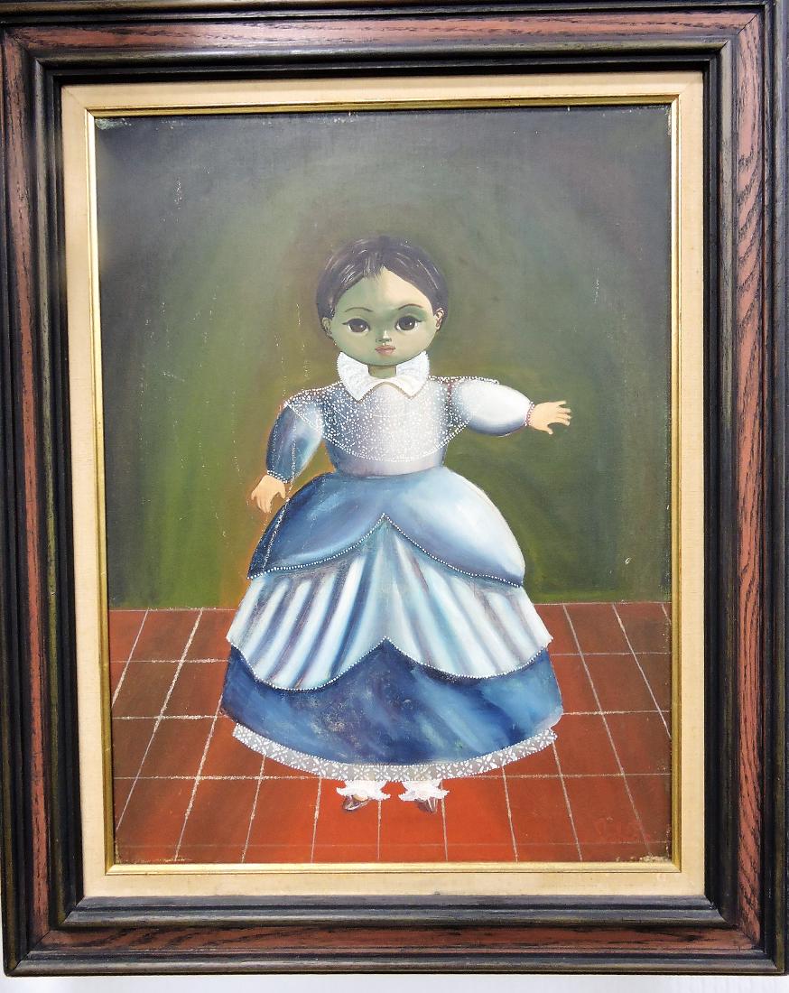 Agapito Labios (Mexico 1898-1996): oil on canvas painting of girl in blue dress, 22" x 17"