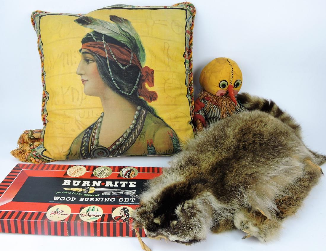 Indian overstuffed pillow, early: cloth scarecrow doll, 2 fur pelts, and Burn-Rite wood burning kit