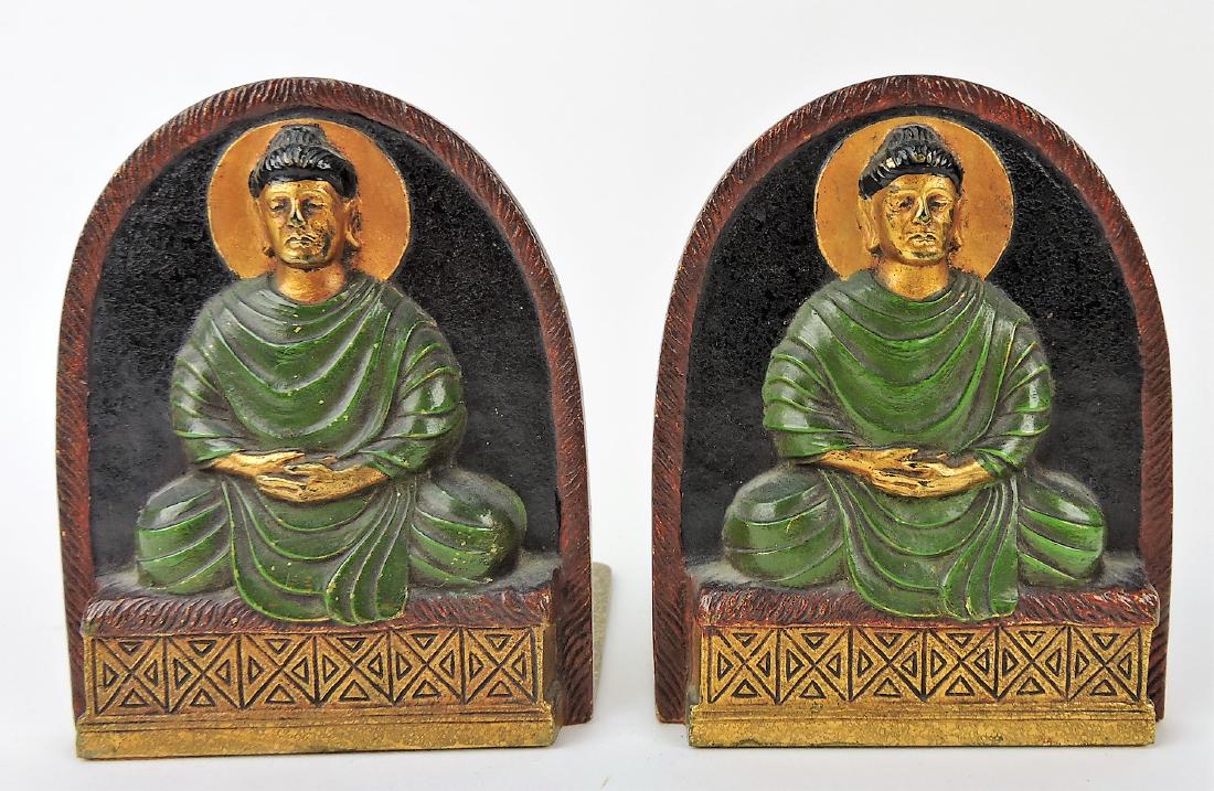Tiffany Studios New York pair of: bronze Buddha bookends with original coloring, #1025