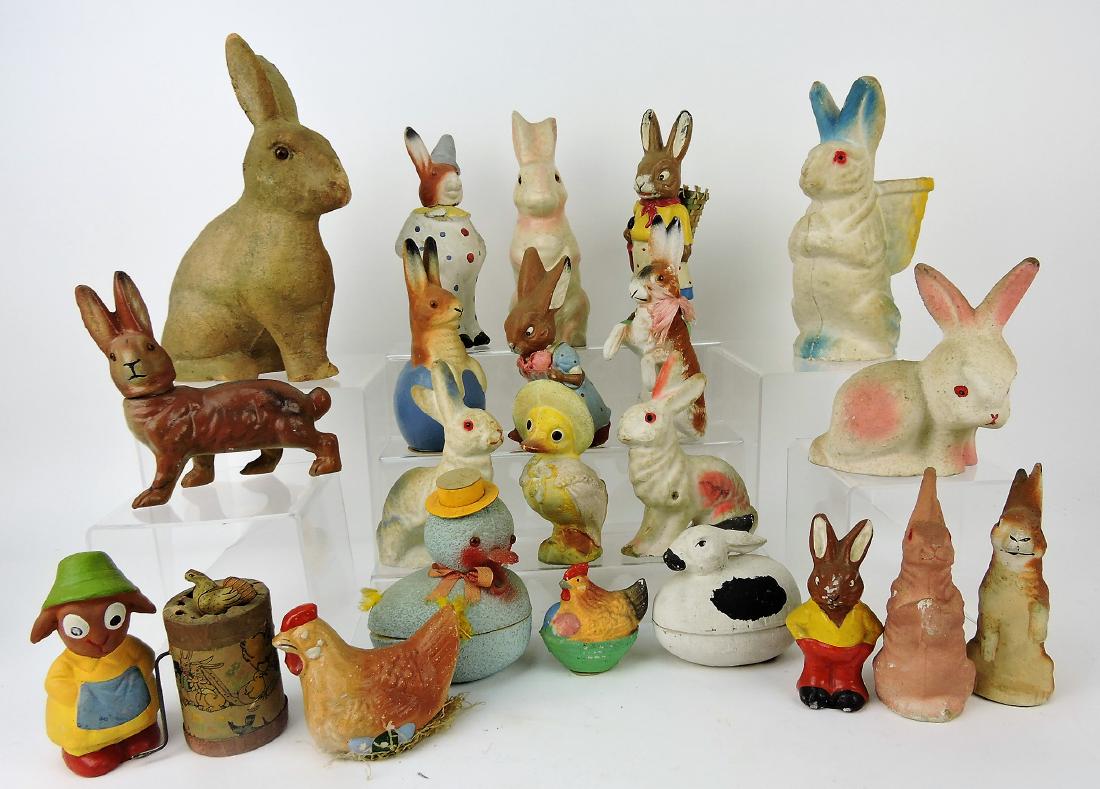 Easter bunny and chick lot of 22: paper mache' and other figurals