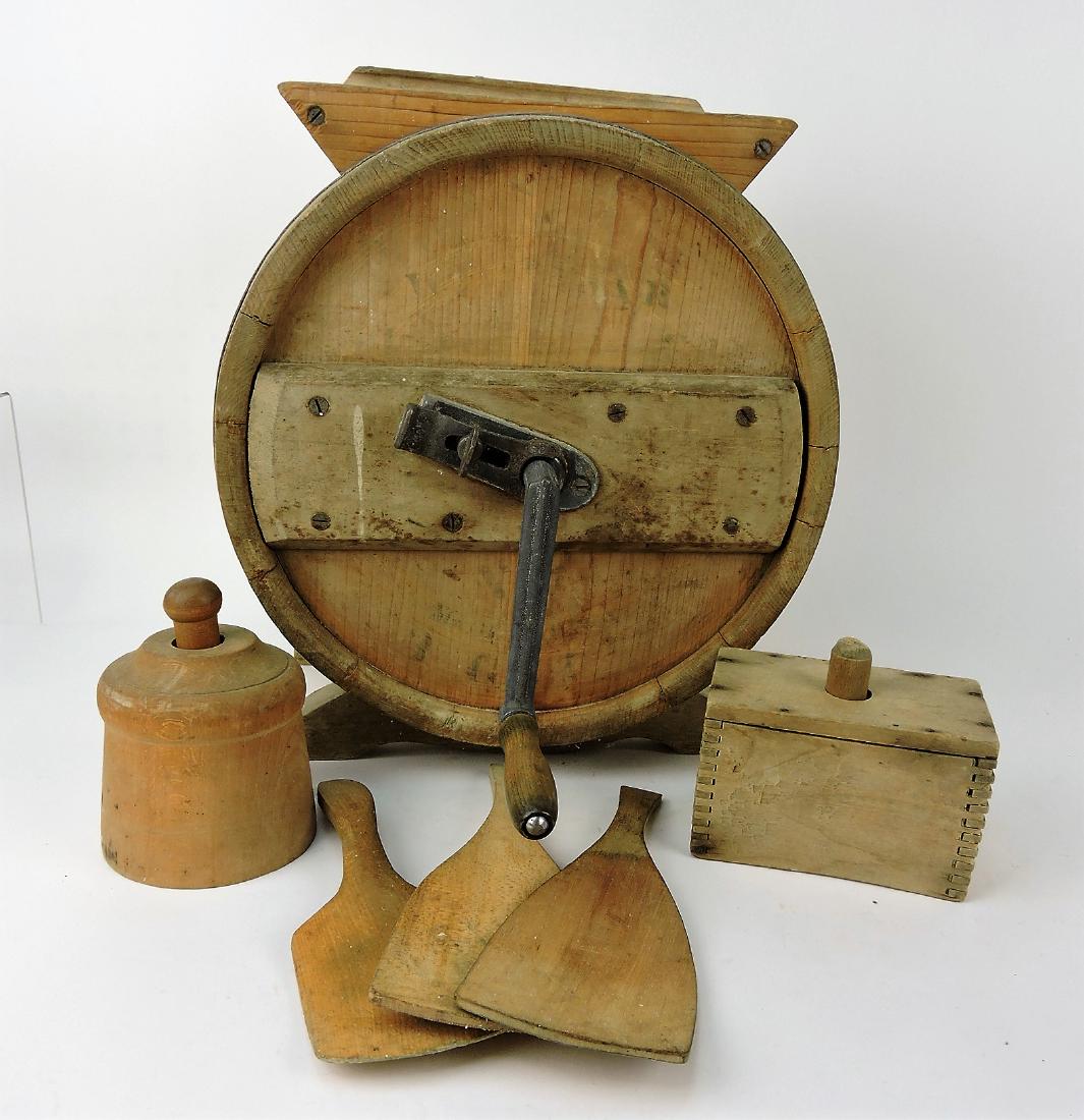 Wood butter churn with 2 molds: and 3 wooden paddles