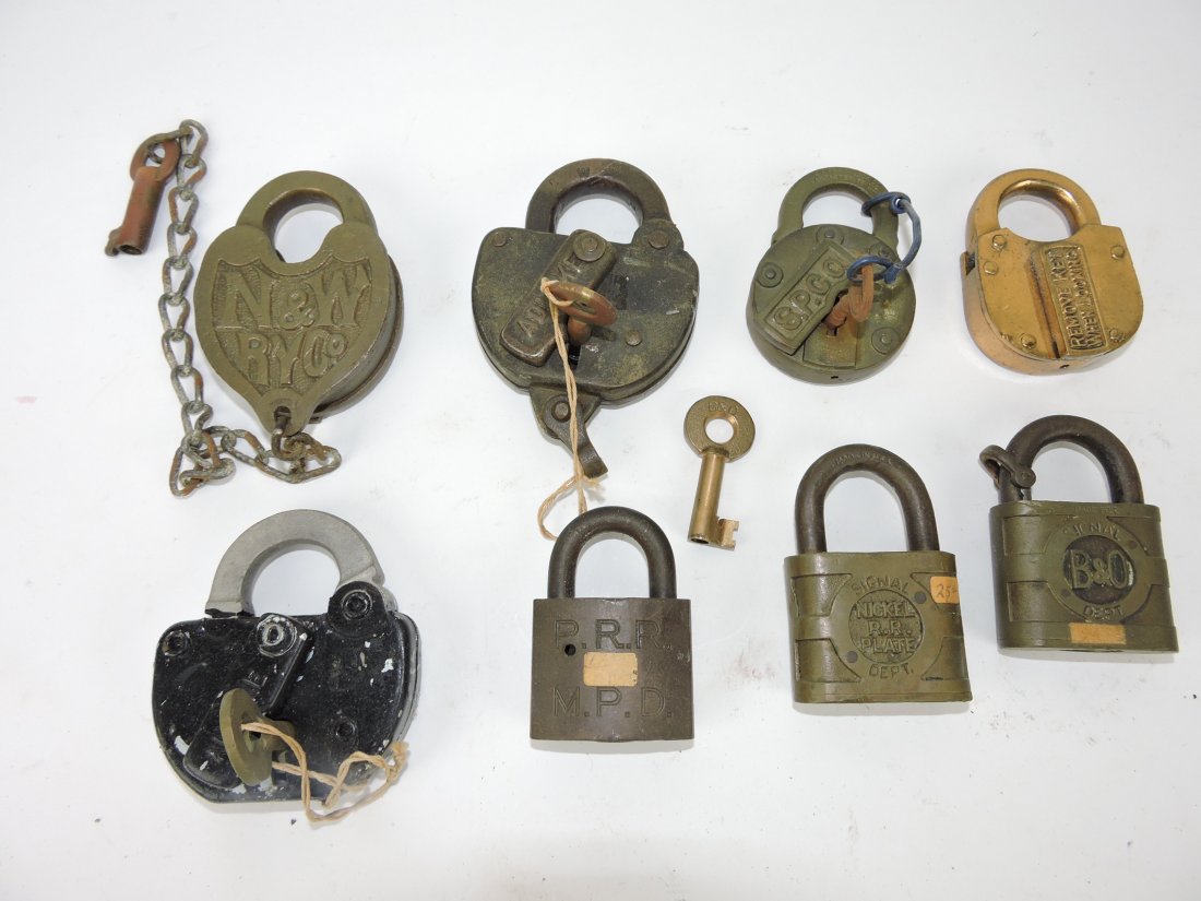 Railroad lock lot of 8: N&W RY Co,: Adlake L&N RR, SPCO, Illinois Central Signal, PRR MPD, Yale Nickel Plate RR, Yale B&ORR, Adlake, B&O brass key