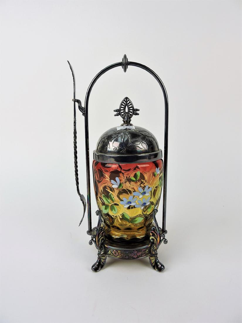 Amber coin spot floral enamel: pickle castor, 10 1/2"