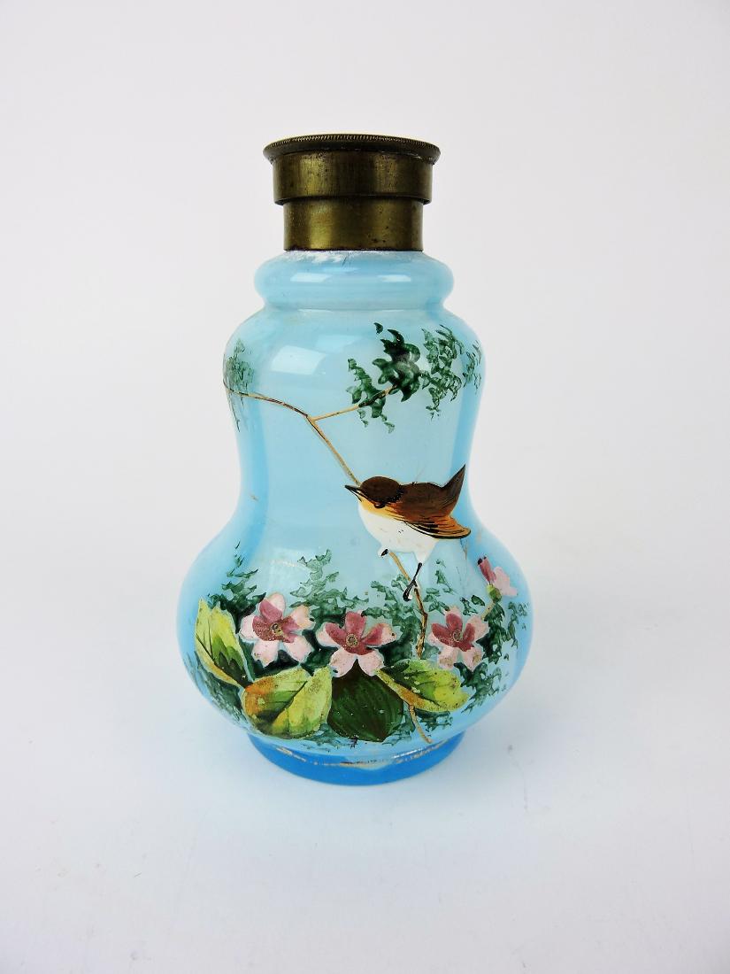 Blue opalescent enamel muffineer: with birs and flowers
