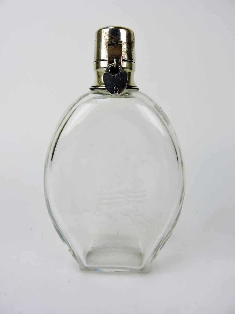 Crystal flask with engraved fox hunt,: sterling top, 9", signed Hawkes