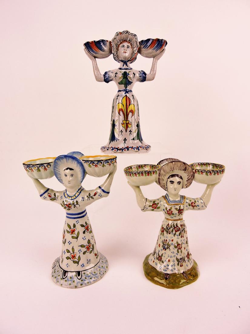 Faience lot of 3 lady figural: double salts, 7" to 8 1/4"