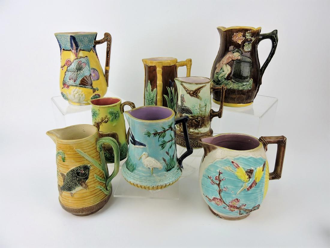 Majolica lot of 8 pitchers, 6 - 8",: various condition