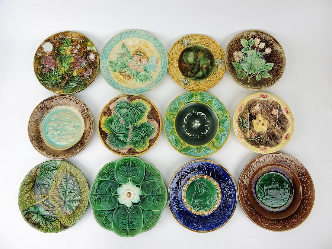 Majolica lot of 12: plates, various condition