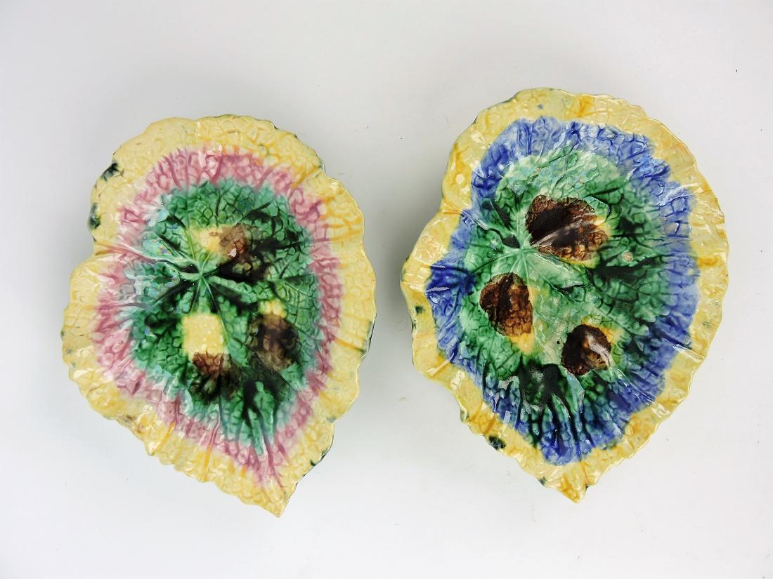 Etruscan Majolica pair of begonia: dishes, one with rare cobalt