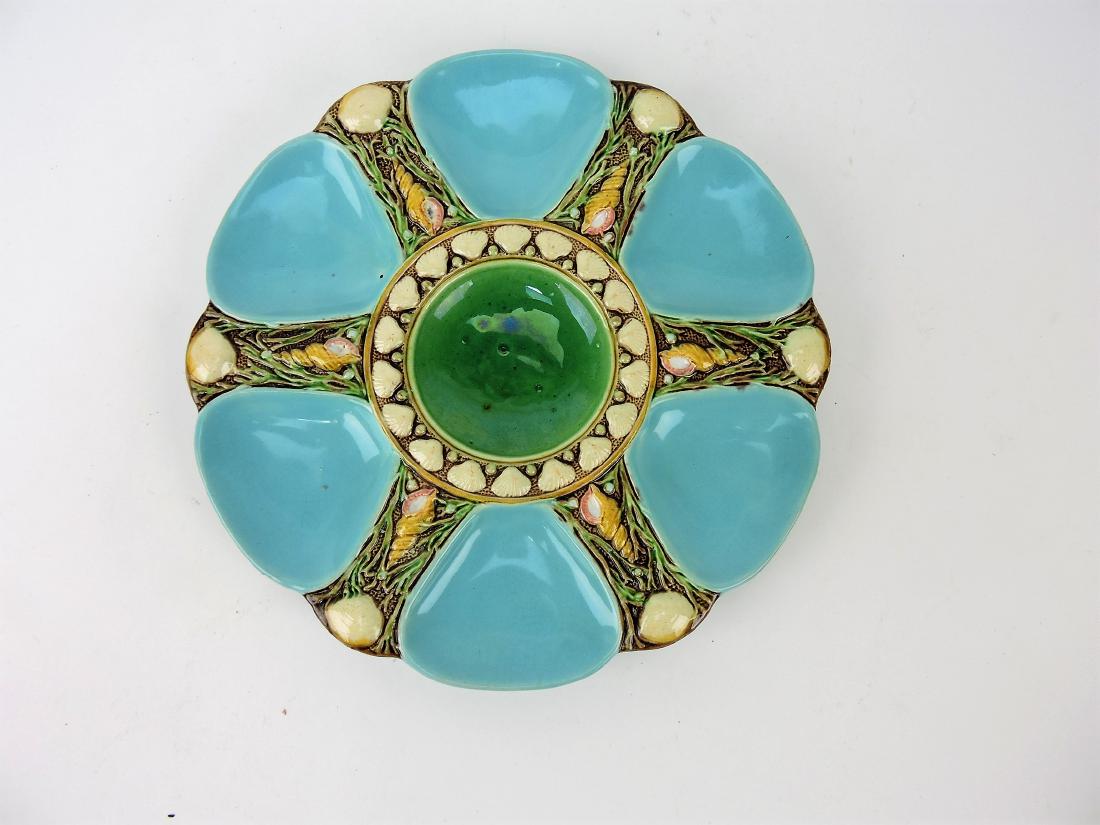 Minton Majolica 6 well turquoise: oyster plate, 9"