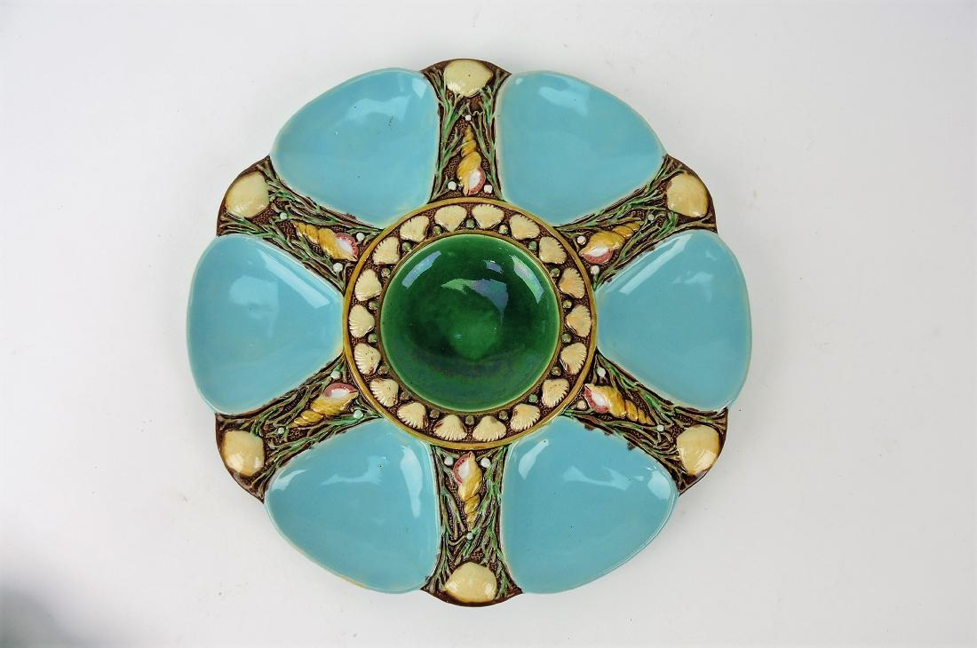 Minton Majolica 6 well turquoise: oyster plate, 9"