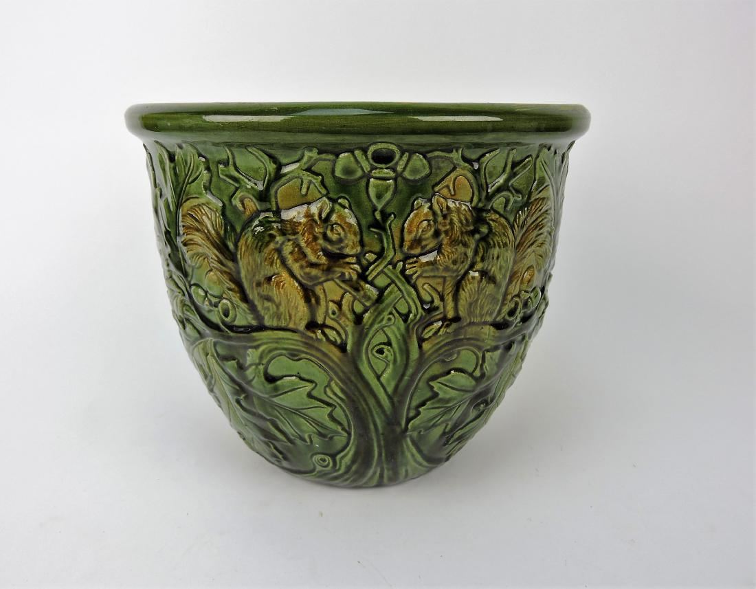 Majolica blended jardiniere with: squirrels, oak leaves, acorns, 11"d