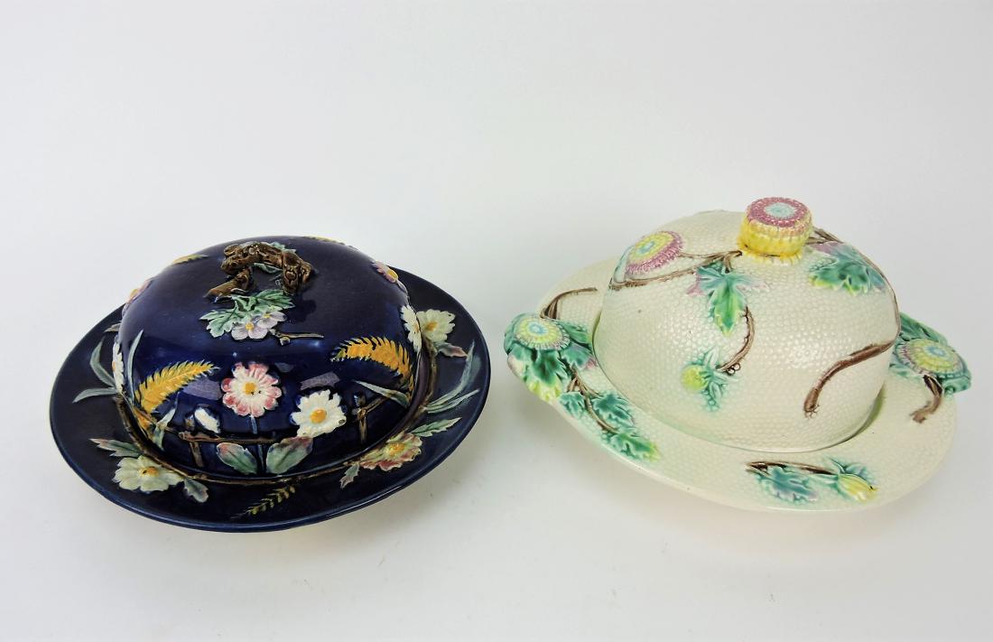 Majolica cobalt wheat and daisy: butter dish AND New England Aster butter dish