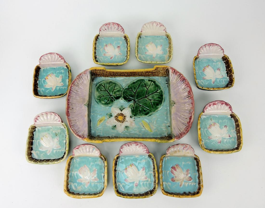Majolica water lily and shell ice cream: set with platter and 9 dishes, various condition