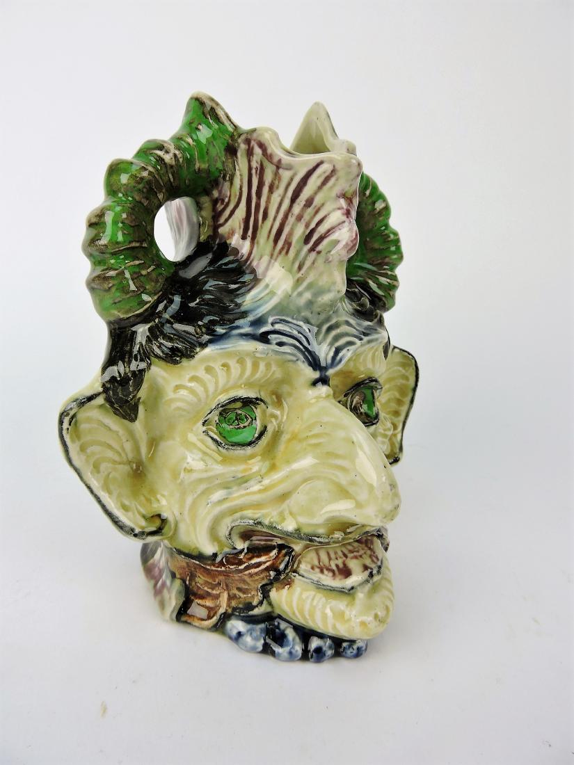 Majolica grotesque devil head pitcher/: vase, 6 3/4"