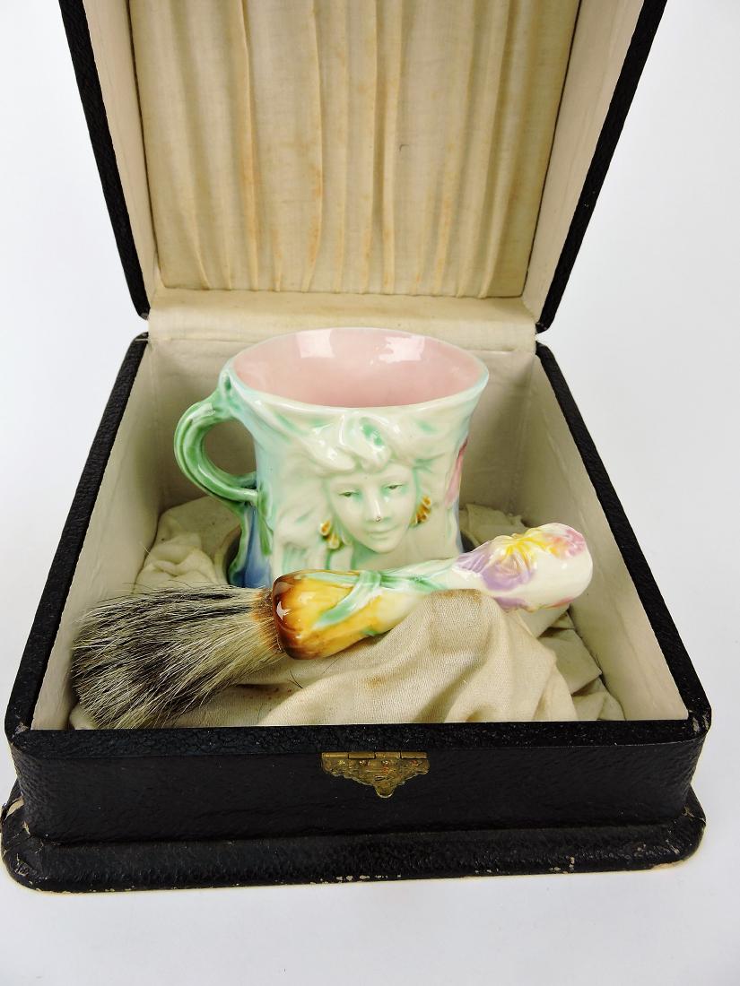 Majolica Art Noveau shaving jug and: brush in presentation box