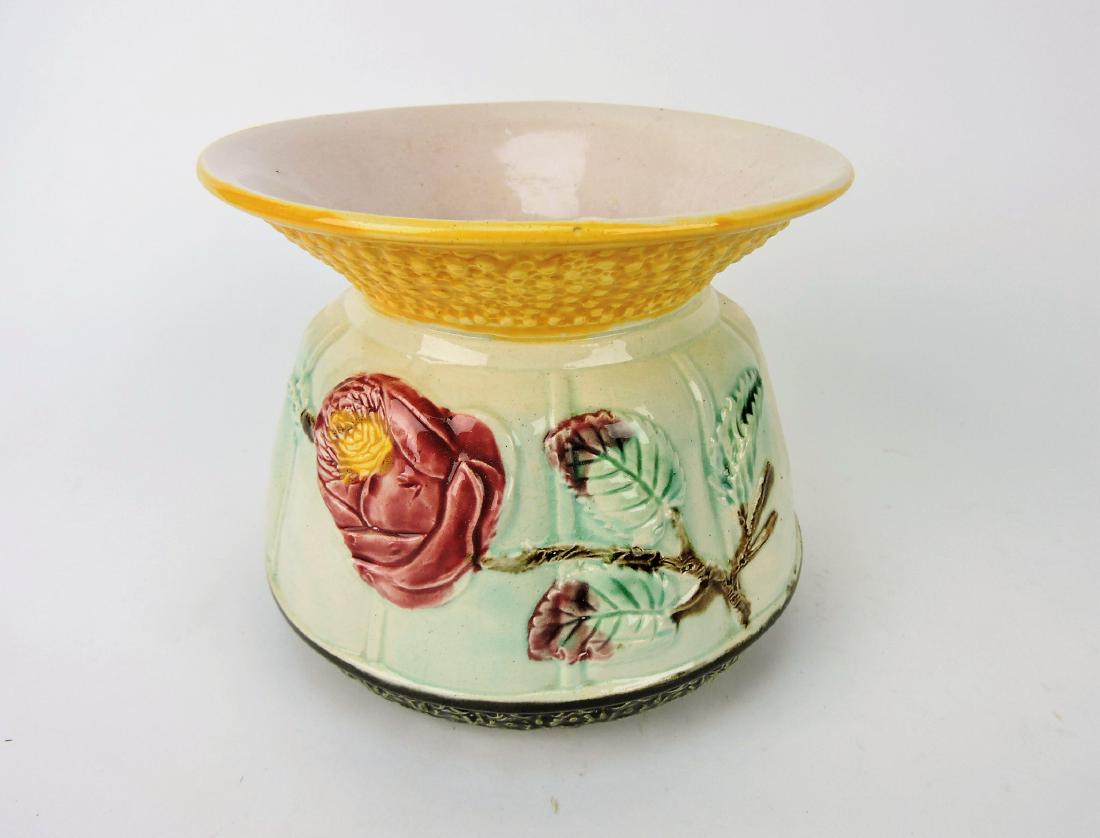 Majolica spitton with rose: Majolica spitton with rose