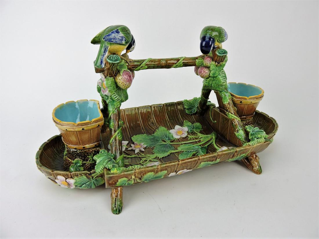 George Jones Majolica blue tit: strawberry server with cream & sugar, 15"l, 8"h; professional rim repair to one twig