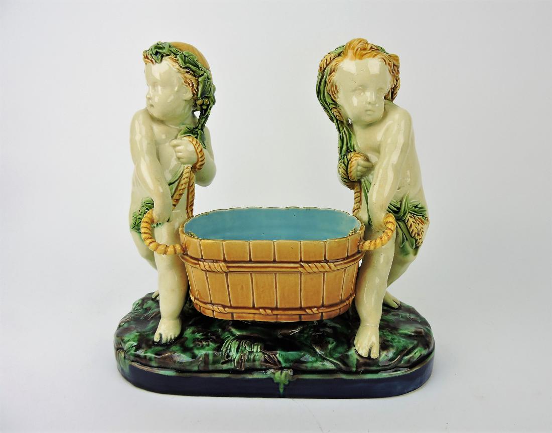 Minton Majolica pair of vintage: figures with tub, 11"