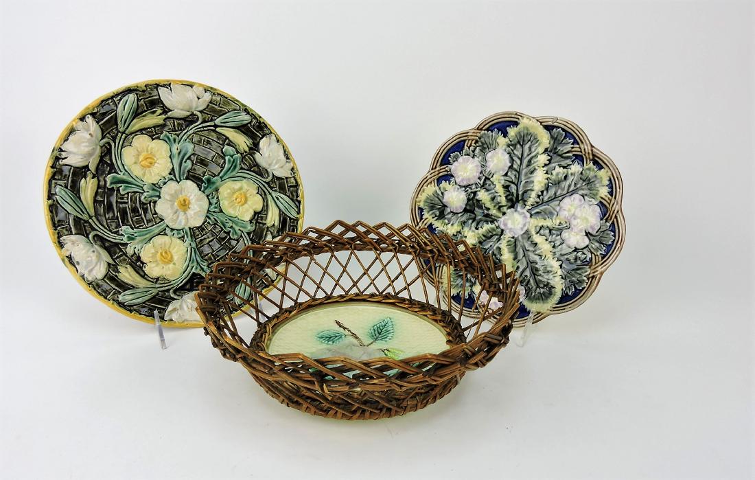 Majolica lot of 3 plates, one in wicker (1 of 1)