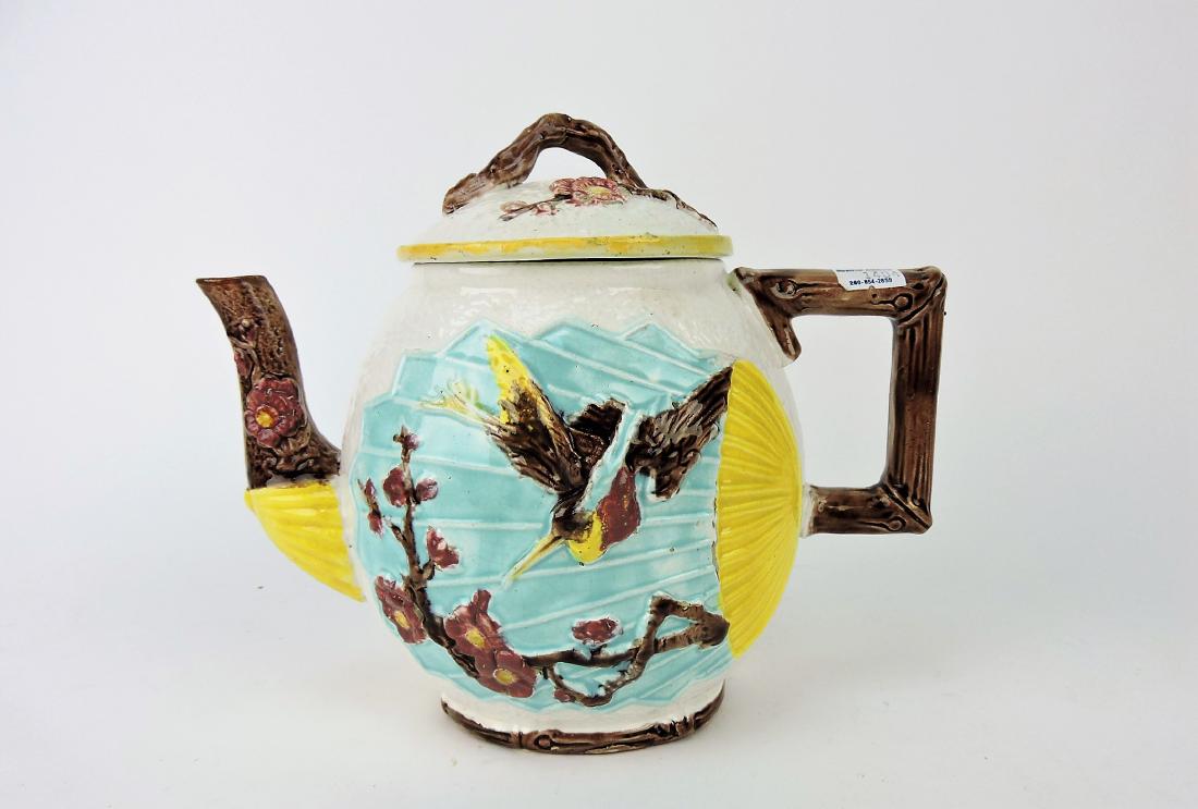 Wardle bird and fan majolica: teapot, 7 1/2"