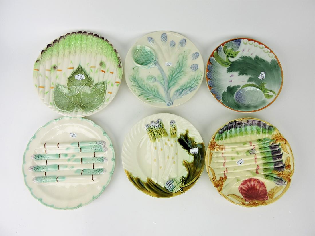 Majolica lot of 6 asparagus plates,: various condition