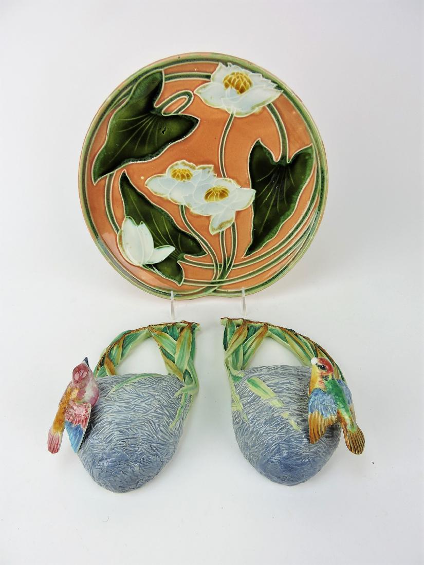 Royal Worchester pair of Majolica: hummingbird wall pockets (losses & repairs), and floral charger