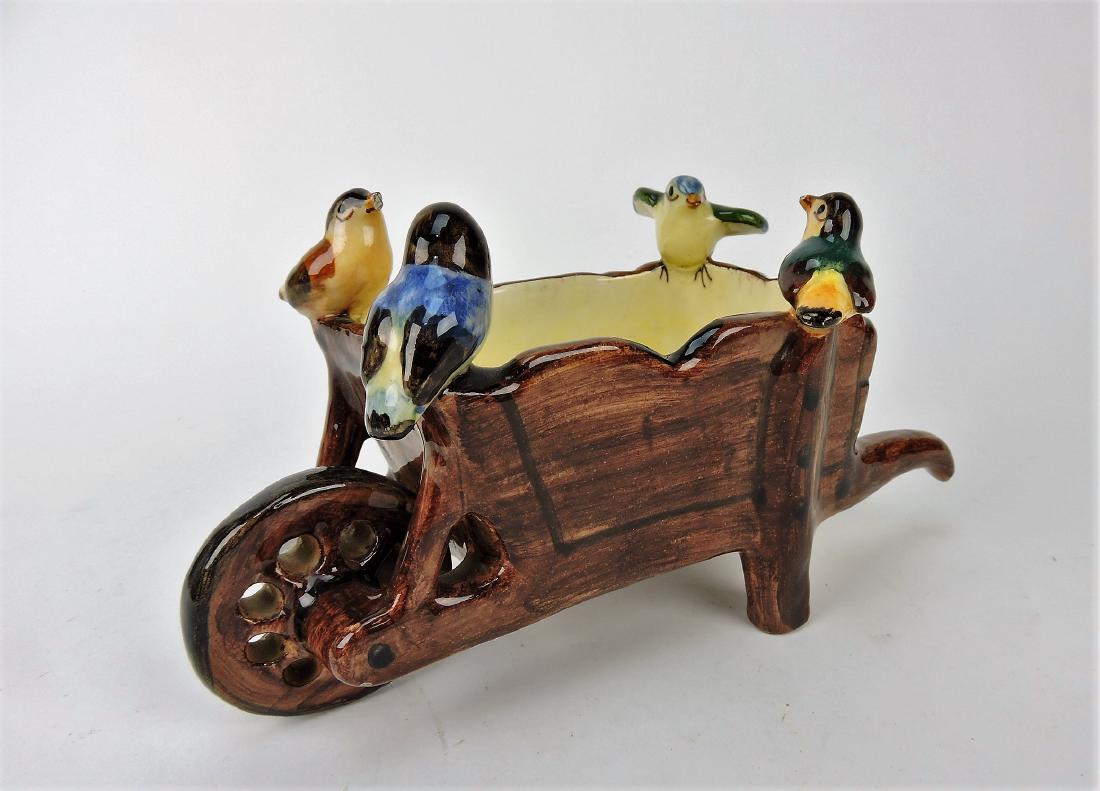 Jerome Massier Majolica wheel: barrow with 4 birds, nicks, 10"l