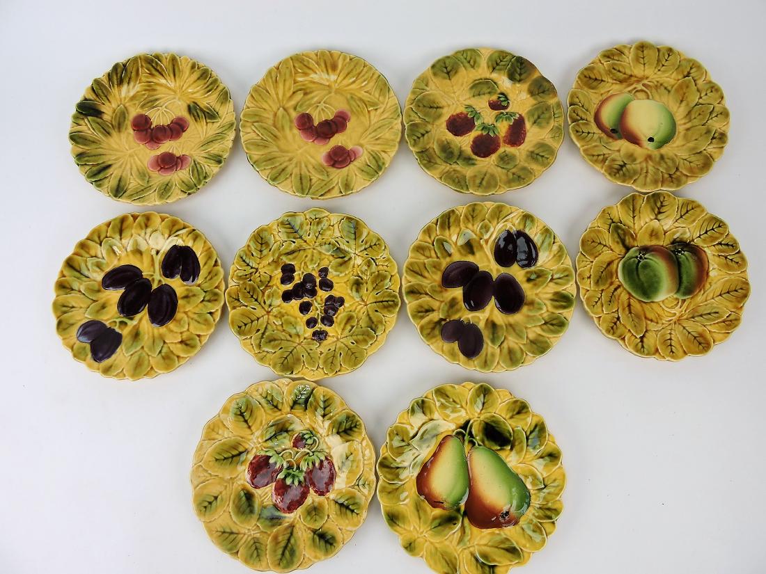Sarreguemines Majolica set of 10 -: 7 1/2" fruit plates, various condition