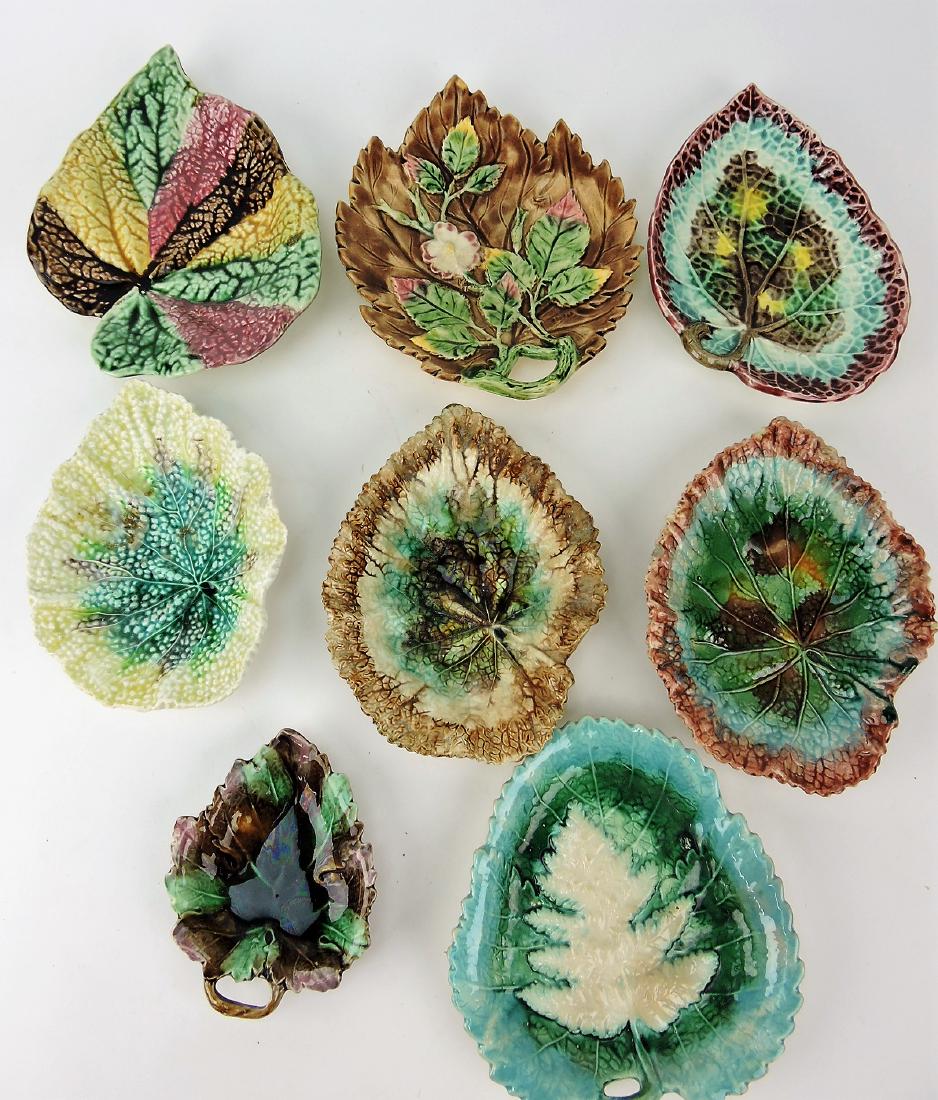 Majolica lot of 8 leaf trays, various: condition
