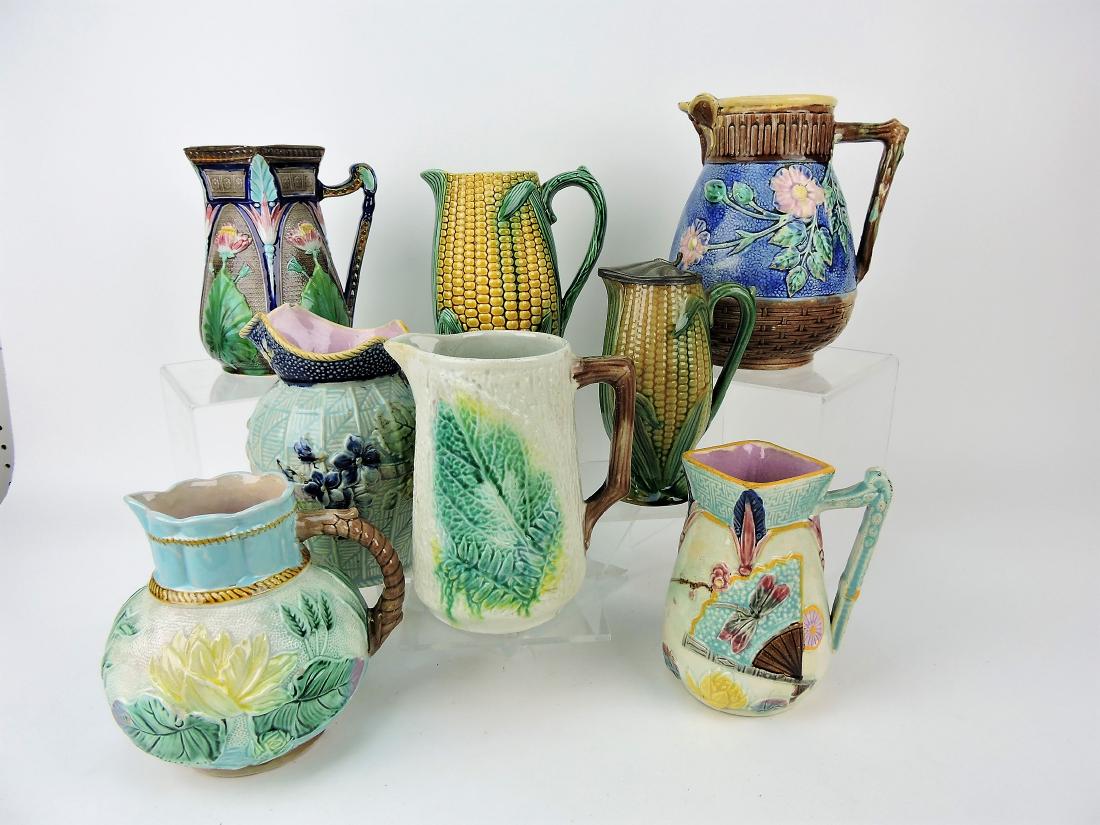 Majolica lot of 8 pitchers, various: condition