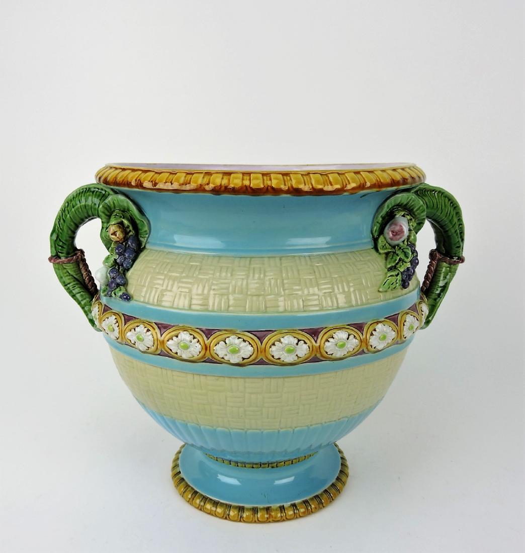 Minton Majolica wine cooler with vine: and grape handles, 11"h, 13"w