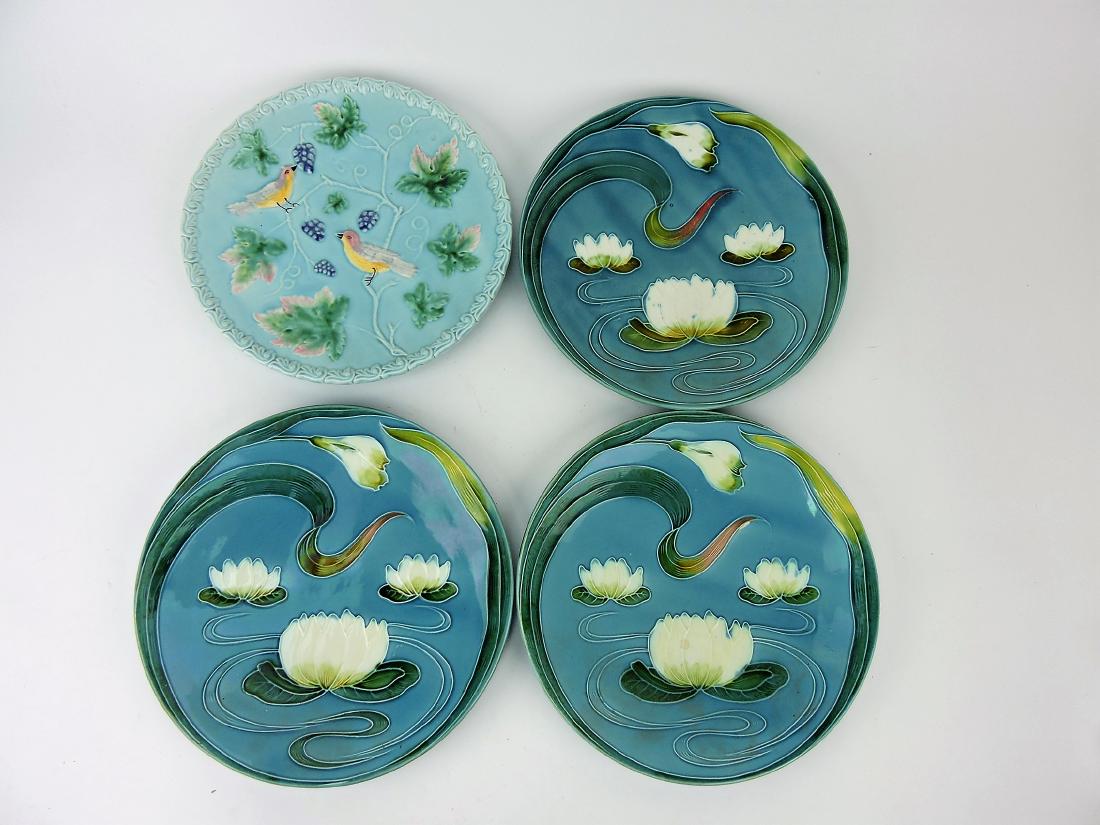 Majolica lot of 4 large chargers, 12",: various condition
