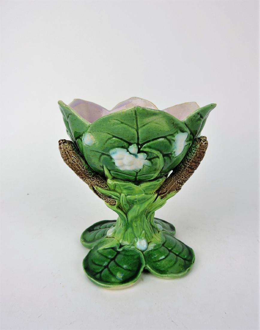 George Jones Majolica pond lily: and cattail vase, 6", minor rim repair