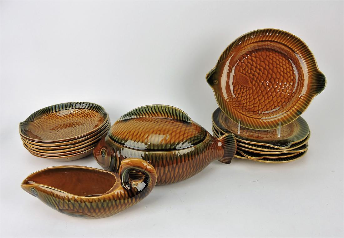 Sarreguemines Majolica fish service;: tureen, sauce boat, 6 - 11" plates, 6 - 8" bowls