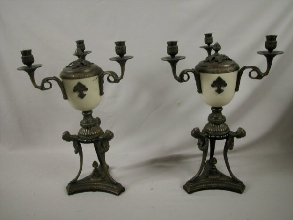 Bronze pair of 3 piece 3 lite candleabras with l