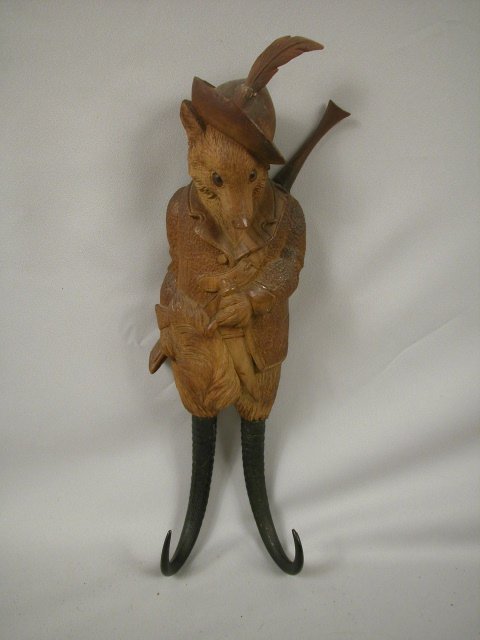Black Forest wood carved fox hunter with gun coat - 2
