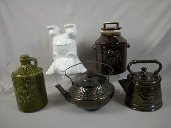 McCoy cookie jar group - 5 jars - Upside Down Bea: McCoy cookie jar group - 5 jars - Upside Down Bear, milk can, cookie jug, 2 tea kettles , interior rim nick to teapot