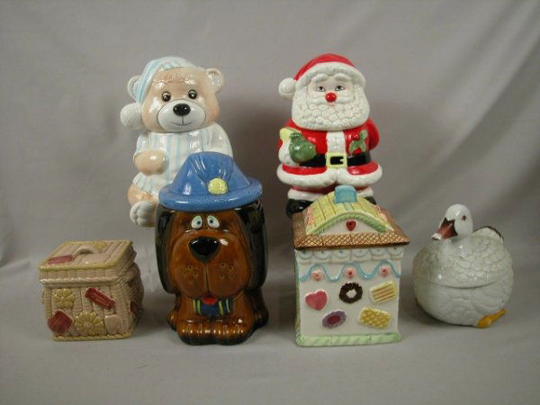 Cookie jar group - 6 jars - makers unknown, teddy: Cookie jar group - 6 jars - makers unknown, teddy bear, Santa, basket, dog with long ears, cookie house and duck