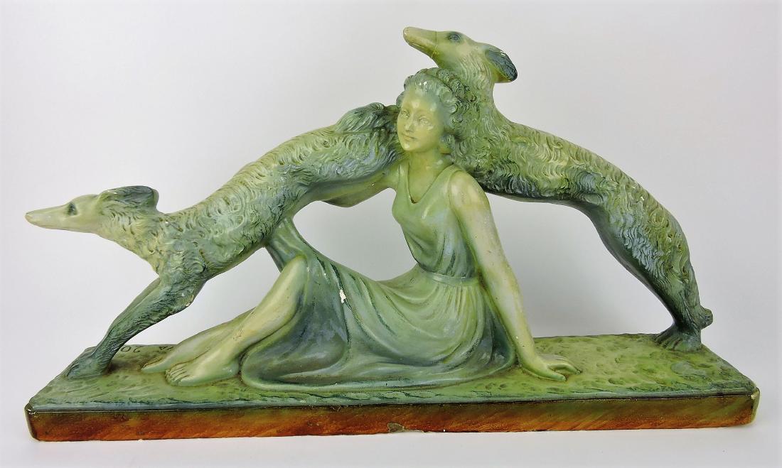Plaster statue of woman with 2 dogs, (1 of 1)
