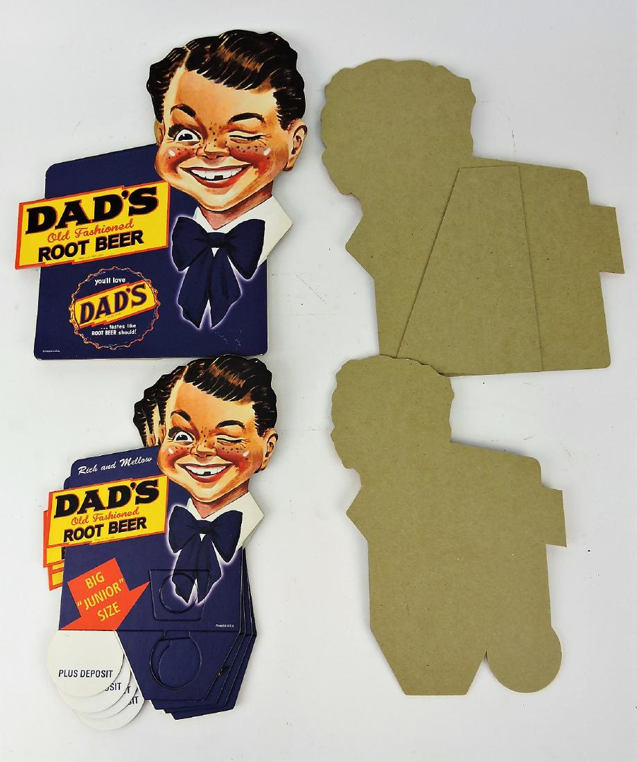 Dad's Root Beer lot of 4 cardboard: easel signs 12", and 5 bottle topper cardboard signs, 10 1/2"