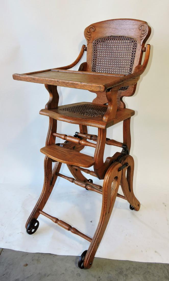 Oak cane back and set highchair/: stroller