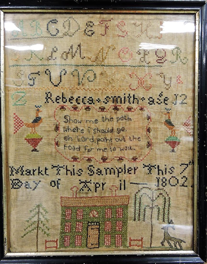 Antique sampler "Rebecca Smith": age 12, April 7, 1802, house, birds, animals, numbers, and letters, 14 1/2"x11 1/2", believed to be a reproduction