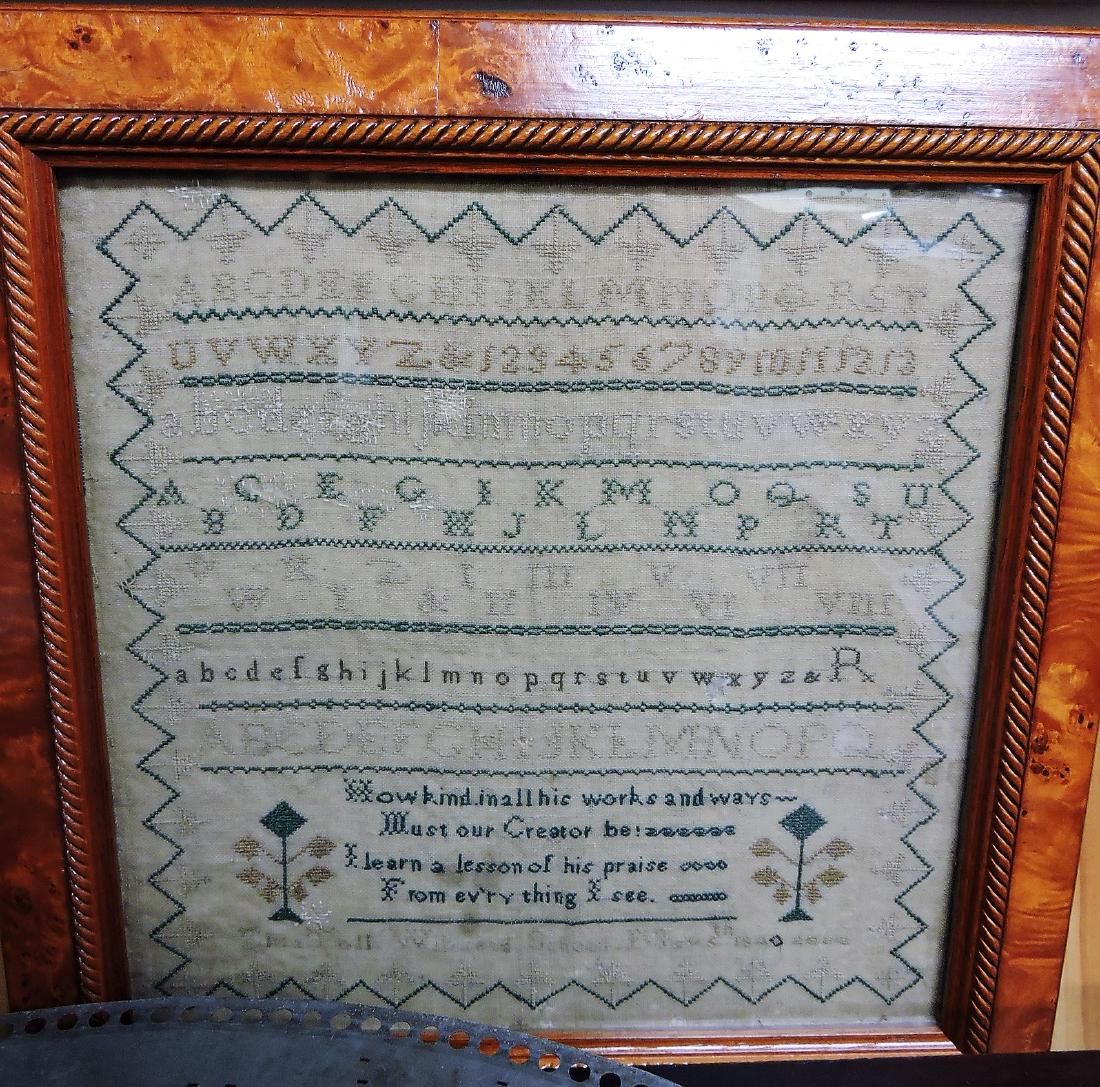 Antique sampler Eliza Toll Willstead: School 1840, trees, numbers, and letters, wear, repair, 13"x13"