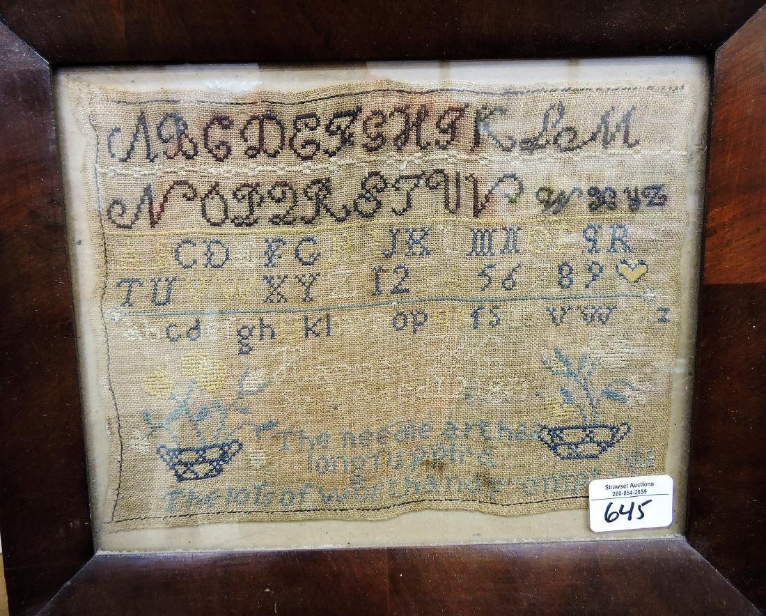 Antique sampler 1800's, flowers, (1 of 1)