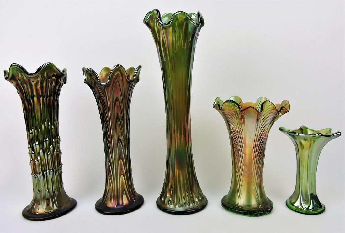Green carnival glass lot of 5 vases; (1 of 1)